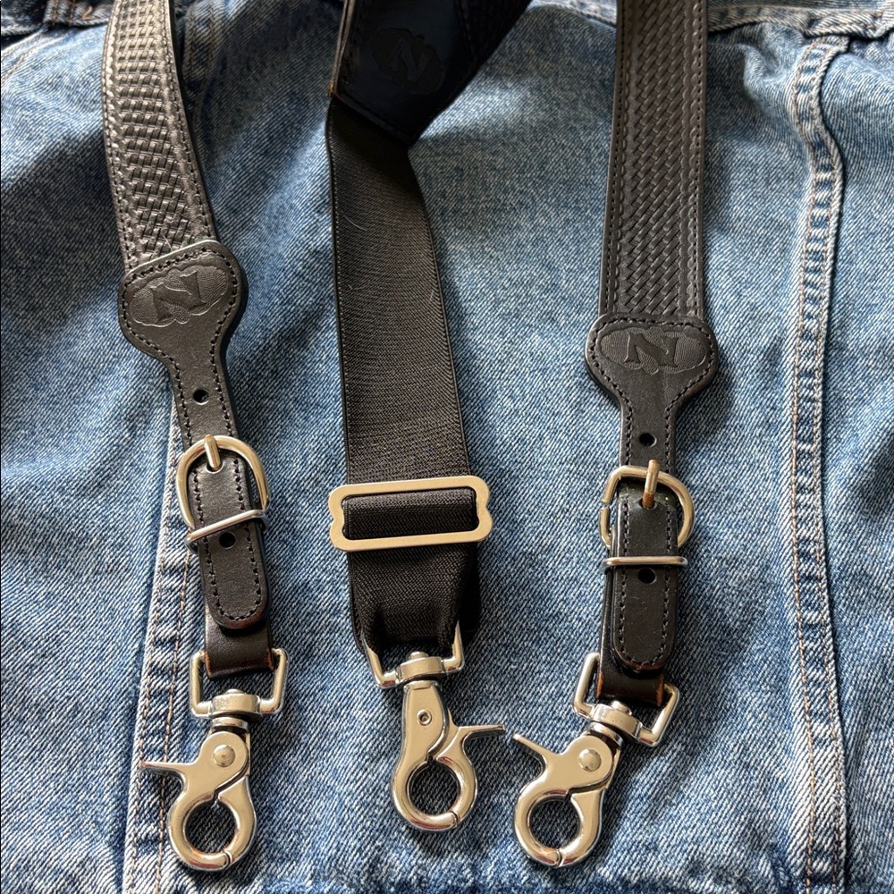 Nocona Leather Basketweave Men's Suspenders Braces Black Silver Hardware Large - Picture 4 of 6